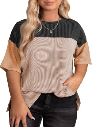 Eytino Womens Plus Size Tunic Tops Crewneck Short Sleeve Color Block Pullover Shirts (1X-5X)