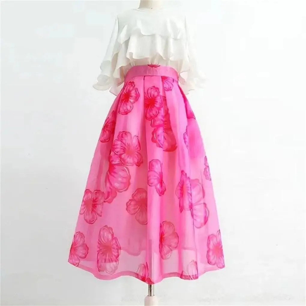 Fashion Printed Loose Gowns Skirt Female Casual Vintage Folds High Waist Midi Skirts Summer Women's Clothing