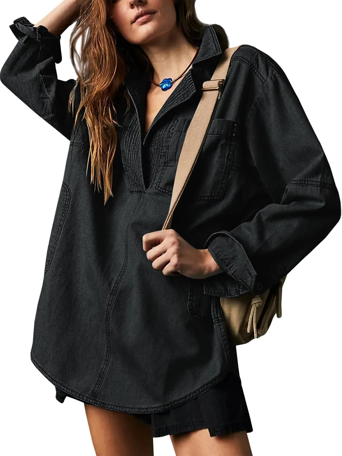 Fazortev Women's Denim Pullover Casual Button V Neck Blouse Loose Fit Long Sleeve Jean Jacket With Pocket