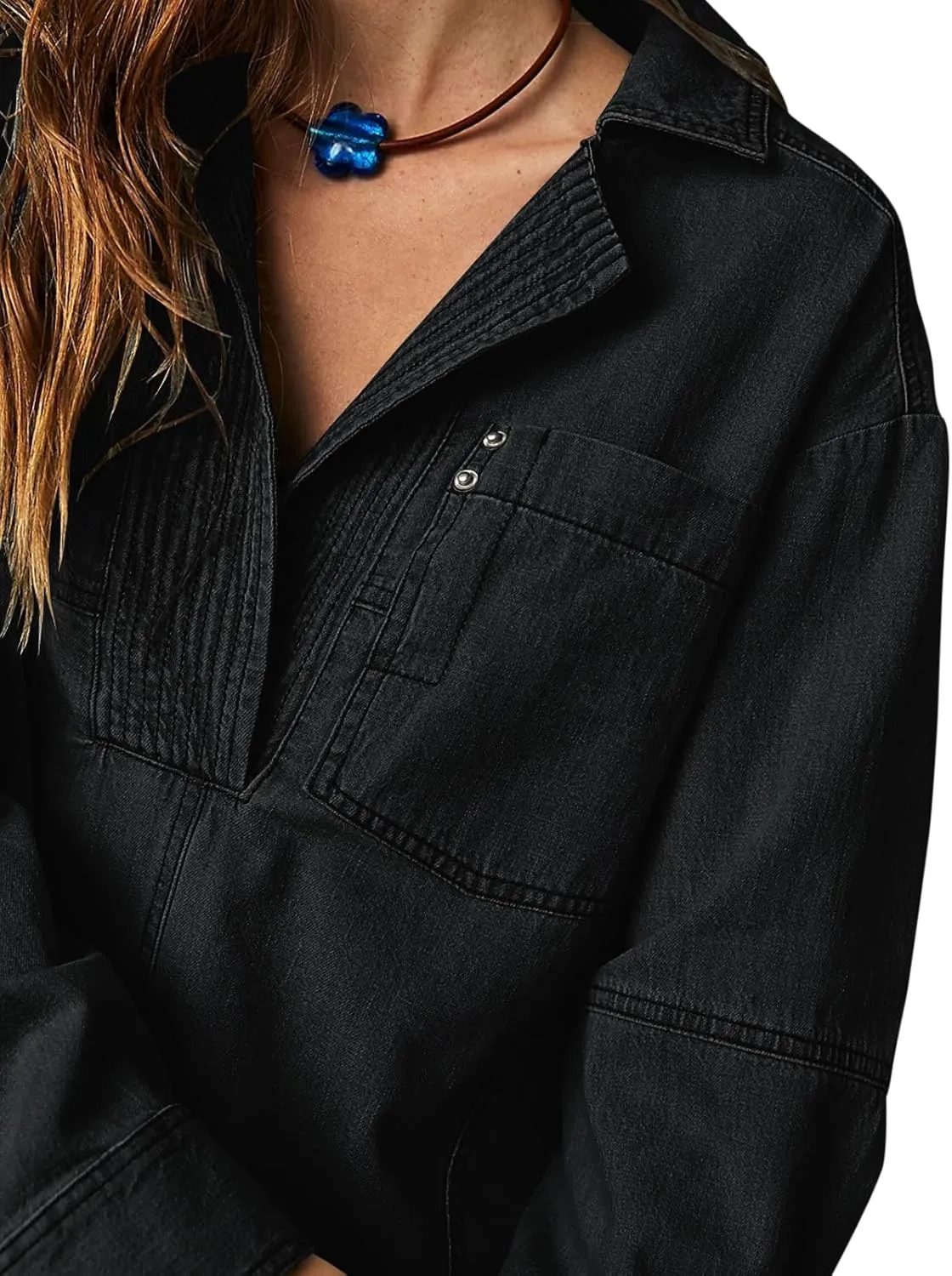 Fazortev Women's Denim Pullover Casual Button V Neck Blouse Loose Fit Long Sleeve Jean Jacket With Pocket