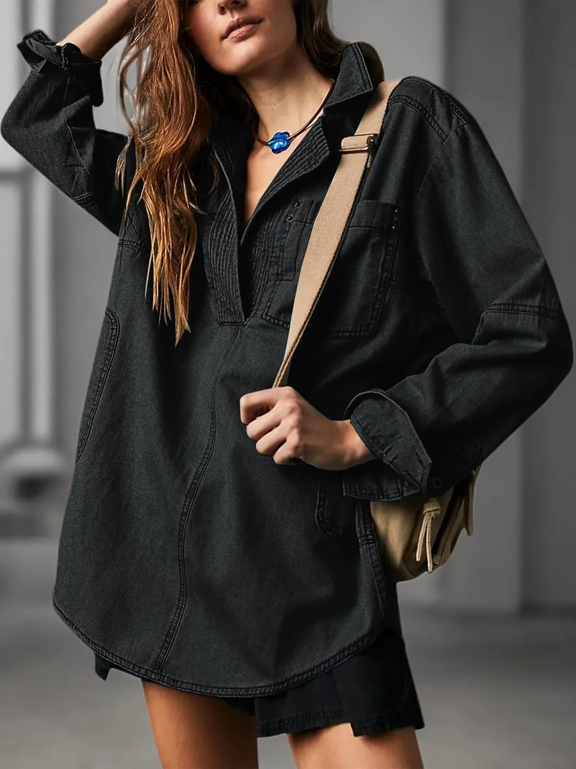 Fazortev Women's Denim Pullover Casual Button V Neck Blouse Loose Fit Long Sleeve Jean Jacket With Pocket