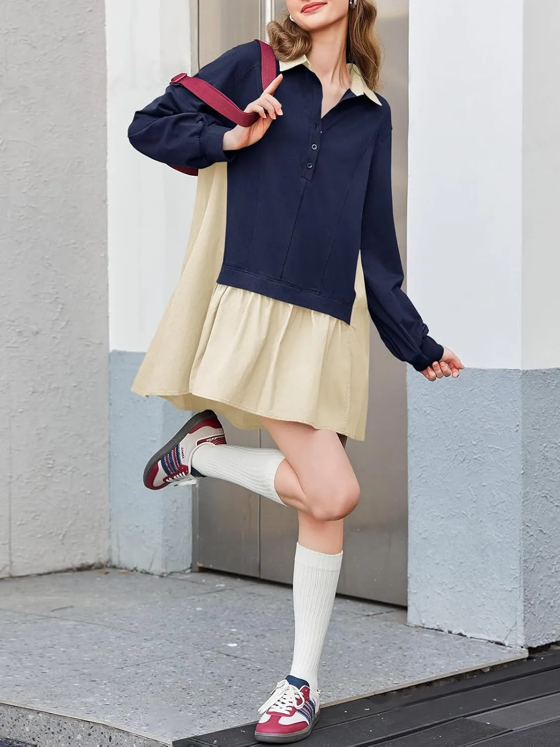 Fisoew Womens Oversized Sweatshirt Dress Long Sleeve V Neck Patchwork Casual Pullover Tops Loose Fit Mini Dresses