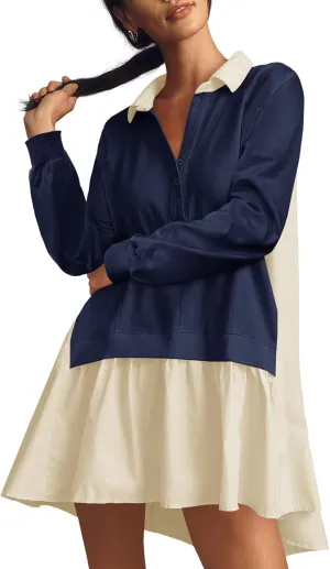 Fisoew Womens Oversized Sweatshirt Dress Long Sleeve V Neck Patchwork Casual Pullover Tops Loose Fit Mini Dresses