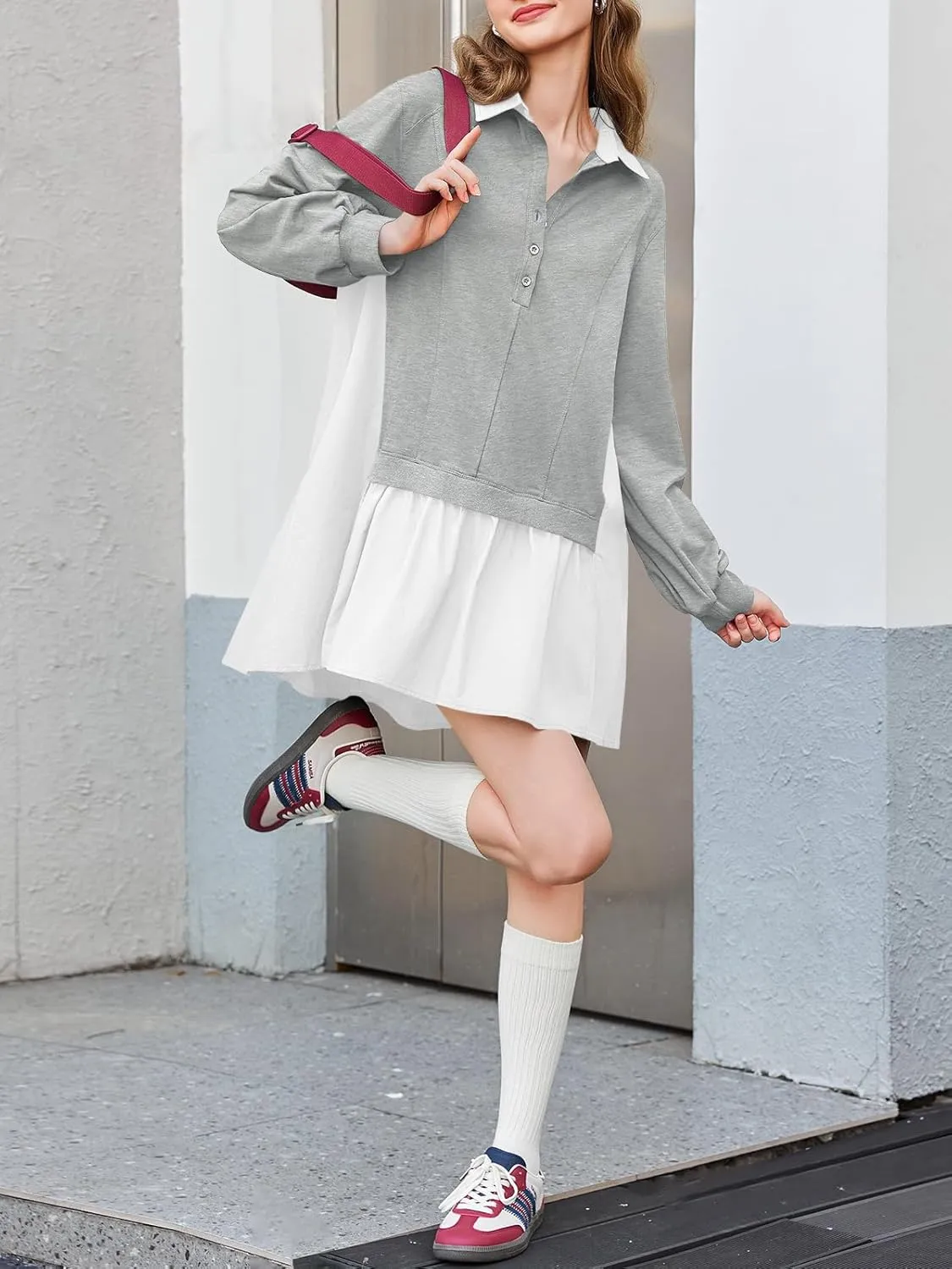 Fisoew Womens Oversized Sweatshirt Dress Long Sleeve V Neck Patchwork Casual Pullover Tops Loose Fit Mini Dresses