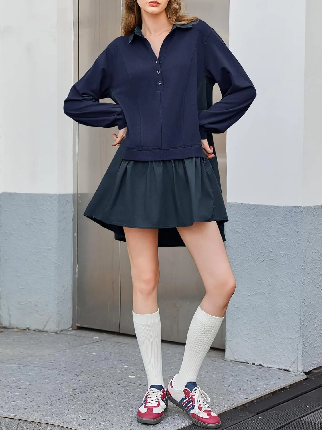 Fisoew Womens Oversized Sweatshirt Dress Long Sleeve V Neck Patchwork Casual Pullover Tops Loose Fit Mini Dresses