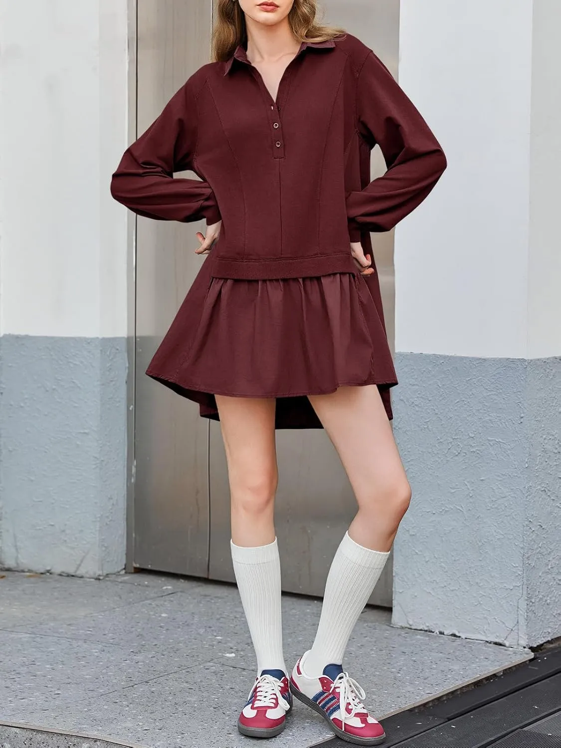 Fisoew Womens Oversized Sweatshirt Dress Long Sleeve V Neck Patchwork Casual Pullover Tops Loose Fit Mini Dresses