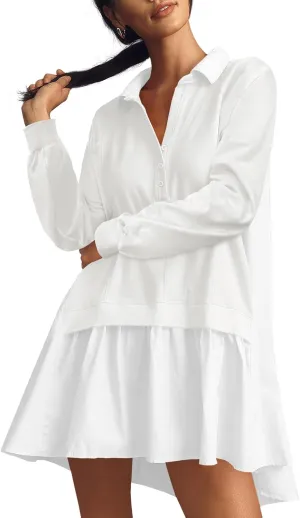 Fisoew Womens Oversized Sweatshirt Dress Long Sleeve V Neck Patchwork Casual Pullover Tops Loose Fit Mini Dresses