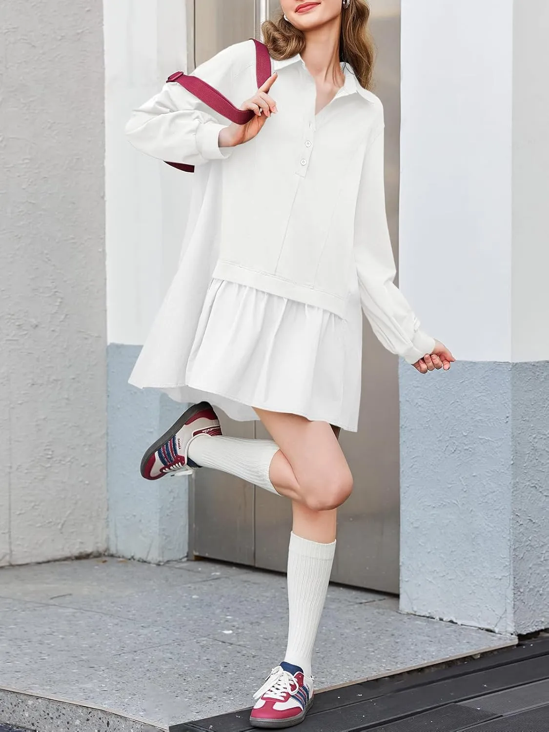 Fisoew Womens Oversized Sweatshirt Dress Long Sleeve V Neck Patchwork Casual Pullover Tops Loose Fit Mini Dresses