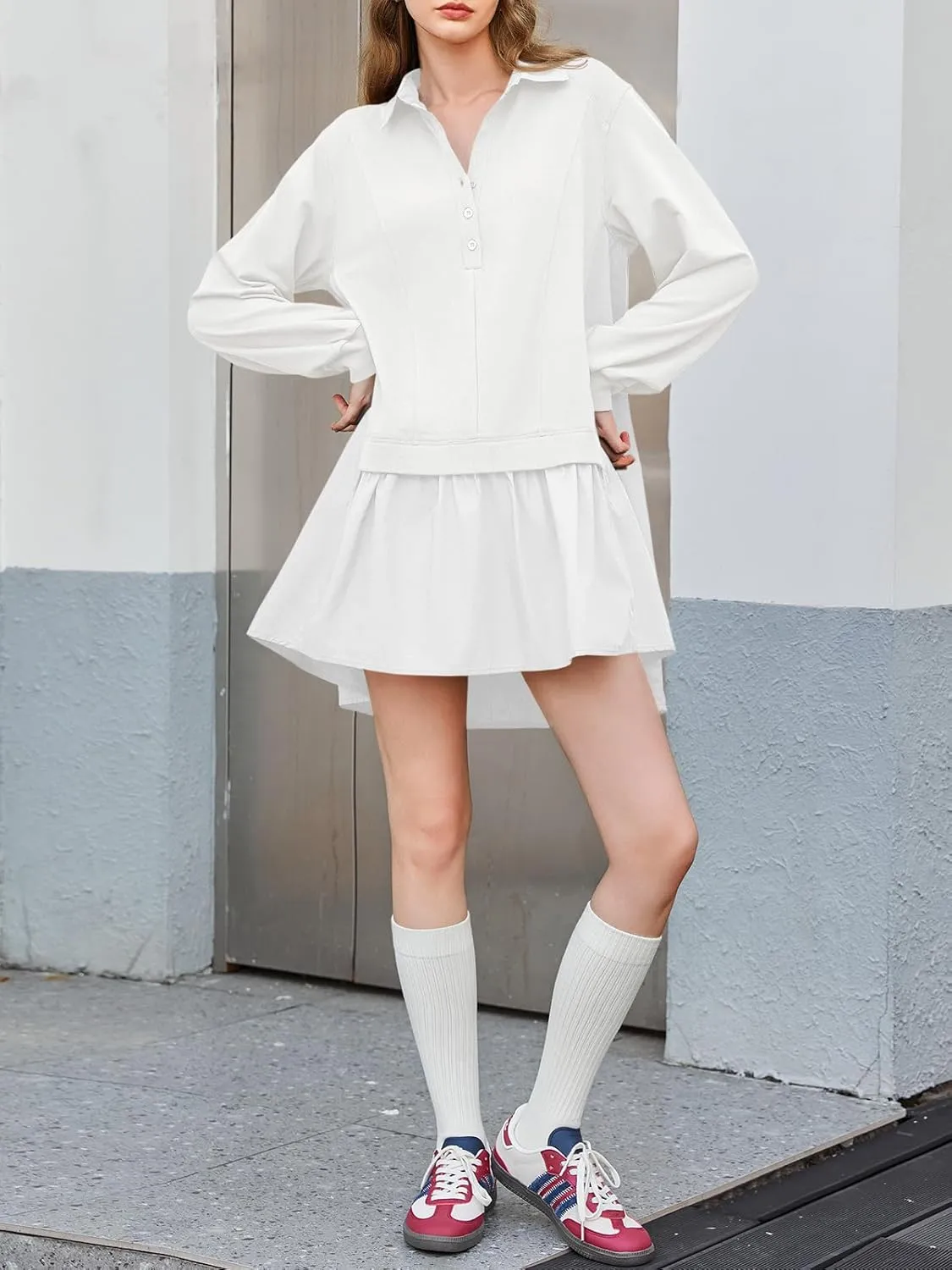 Fisoew Womens Oversized Sweatshirt Dress Long Sleeve V Neck Patchwork Casual Pullover Tops Loose Fit Mini Dresses