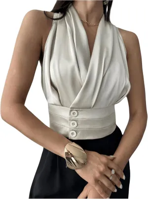 Floerns Women's Sleeveless V Neck Vest Shirts Ruched Elegant Blouse Crop Tops