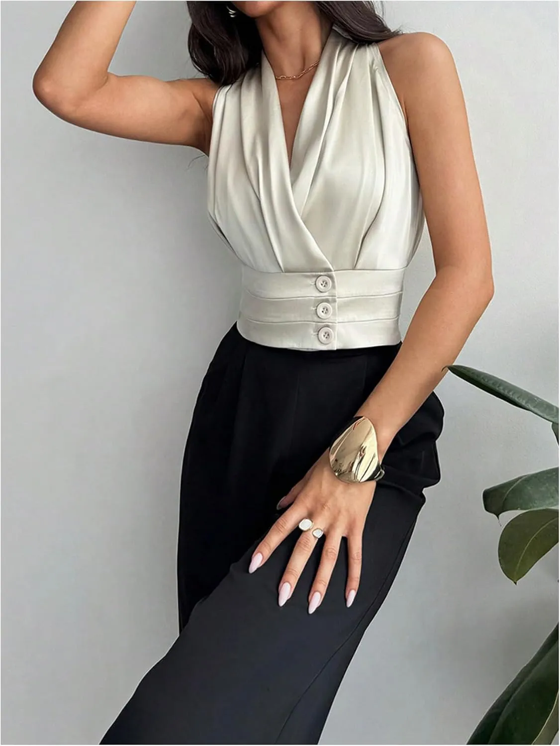 Floerns Women's Sleeveless V Neck Vest Shirts Ruched Elegant Blouse Crop Tops