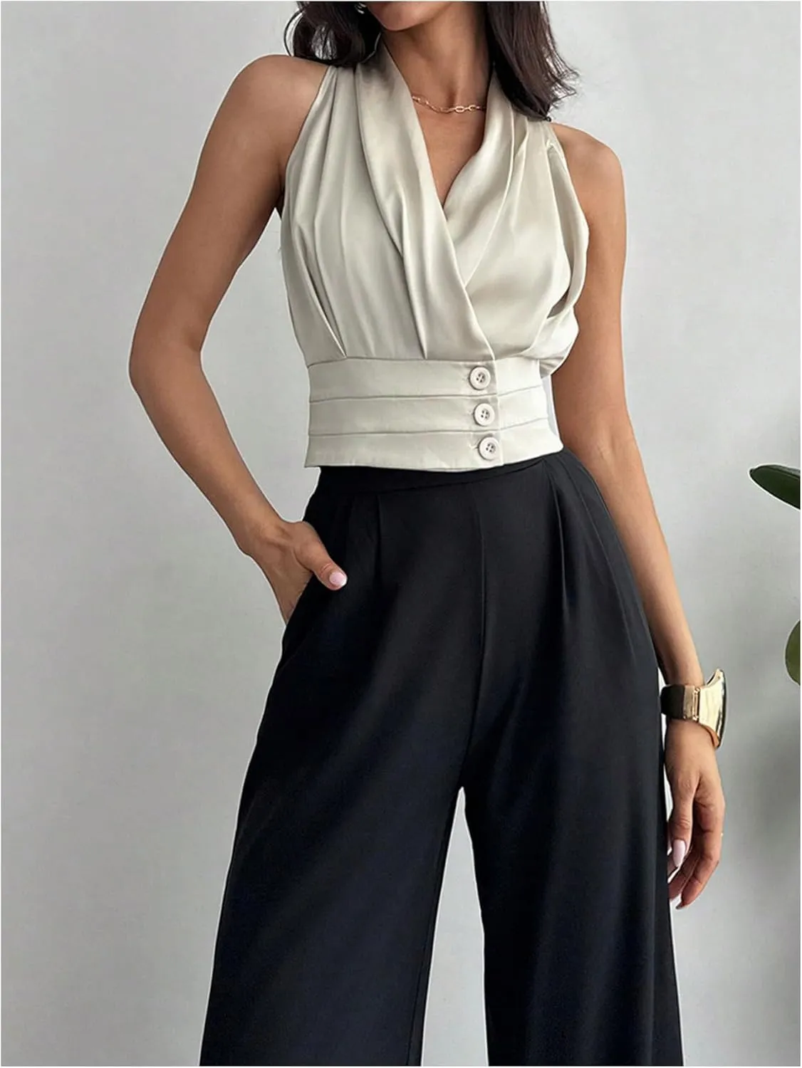 Floerns Women's Sleeveless V Neck Vest Shirts Ruched Elegant Blouse Crop Tops