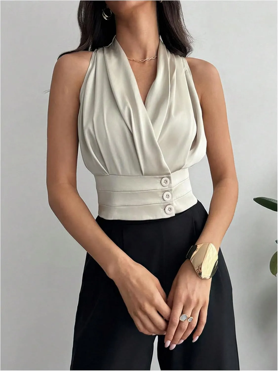 Floerns Women's Sleeveless V Neck Vest Shirts Ruched Elegant Blouse Crop Tops