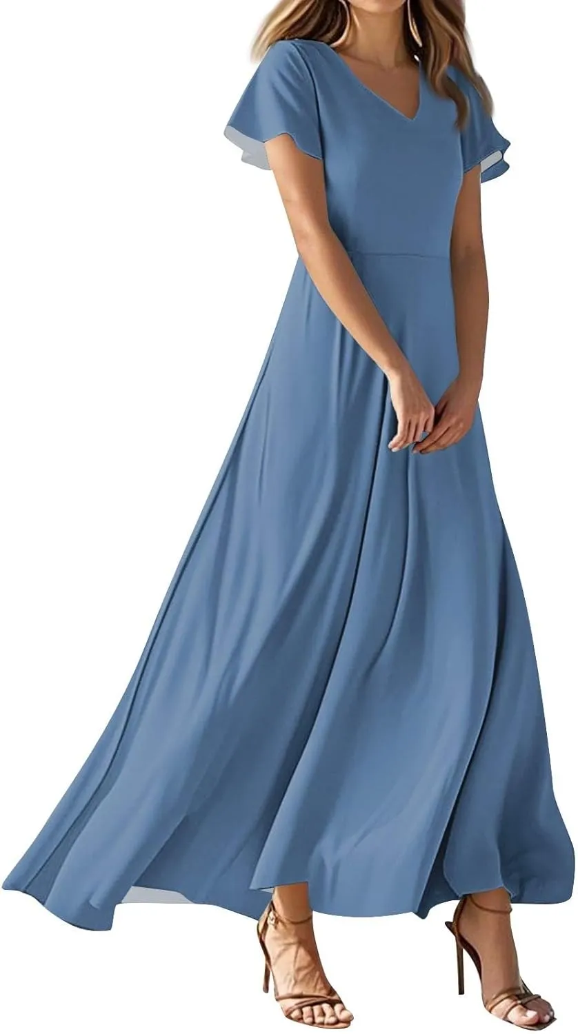 Floral Maxi Dresses for Women 2025 Summer Flowy Elegant Short Sleeve Dress Spring Formal Wedding Guest Dresses