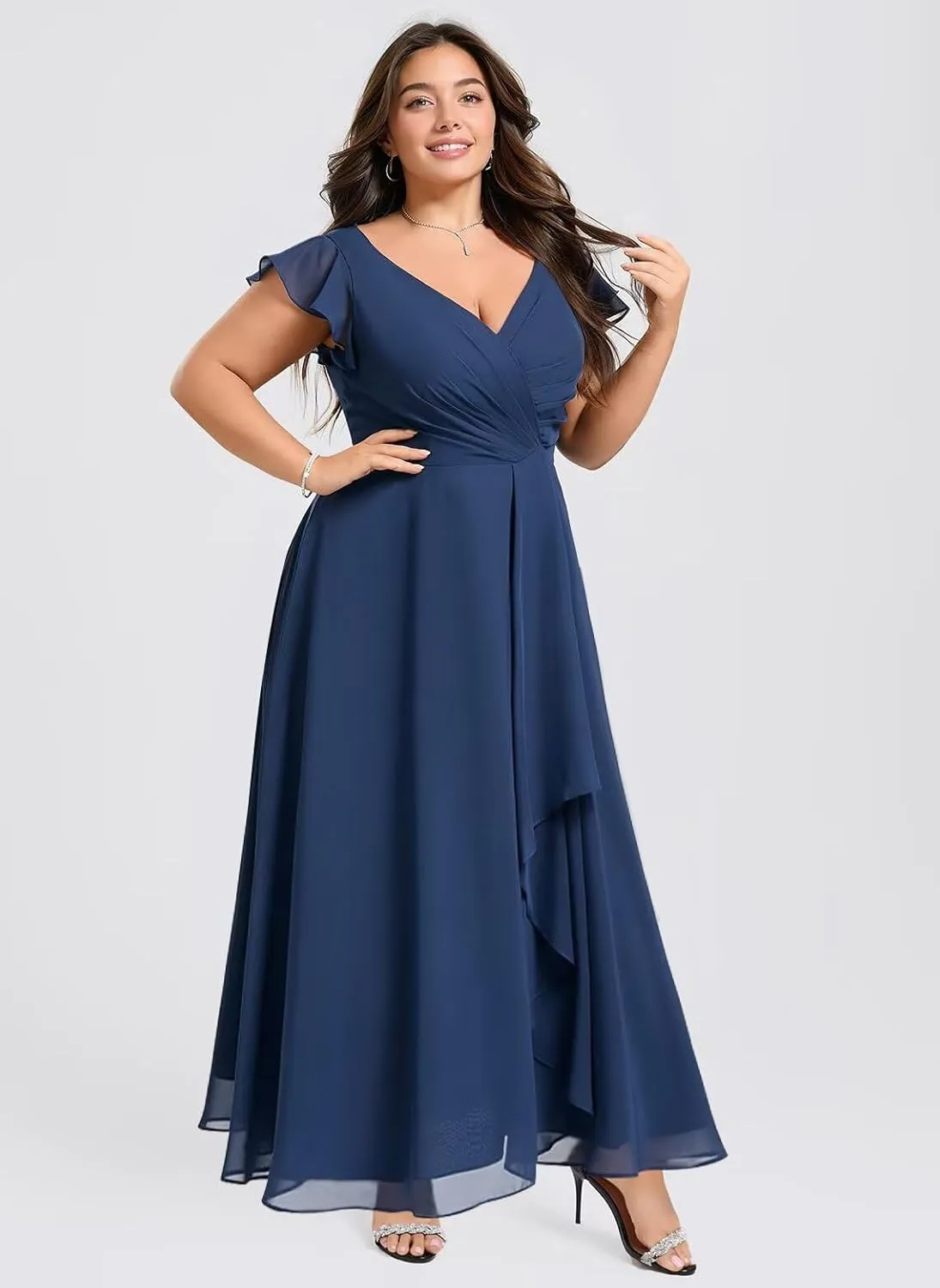 Flutter Sleeve Ruffle Bridesmaid Dresses for Women 2025 V Neck Long Formal Dress AD011