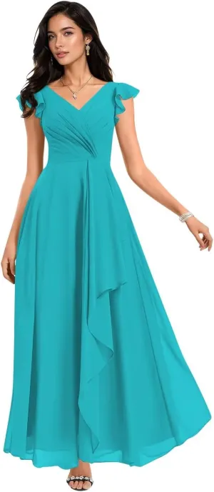Flutter Sleeve Ruffle Bridesmaid Dresses for Women 2025 V Neck Long Formal Dress AD011