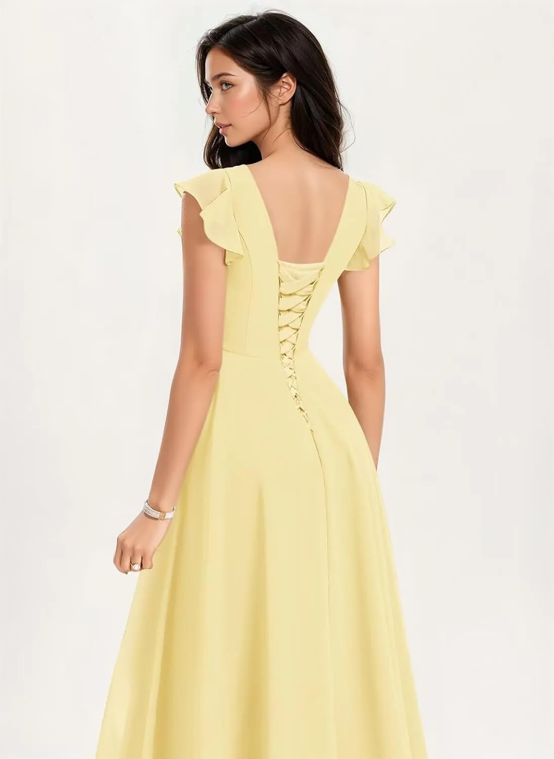 Flutter Sleeve Ruffle Bridesmaid Dresses for Women 2025 V Neck Long Formal Dress AD011