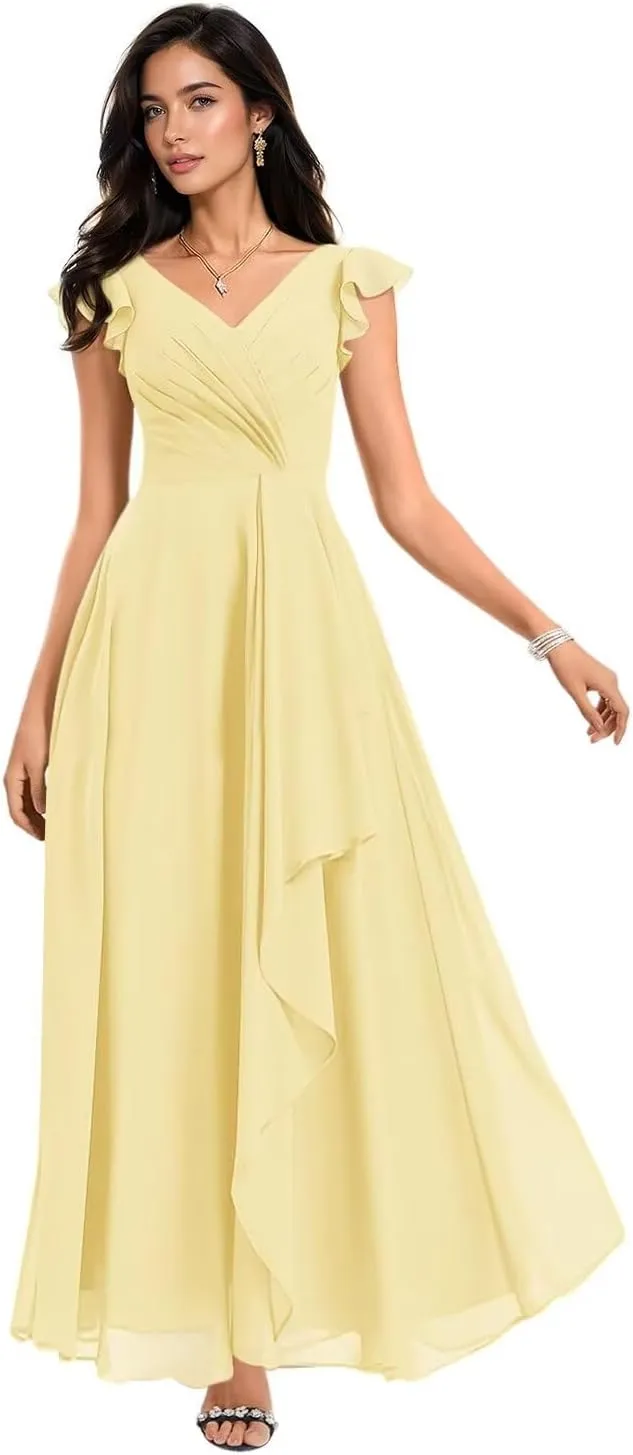 Flutter Sleeve Ruffle Bridesmaid Dresses for Women 2025 V Neck Long Formal Dress AD011