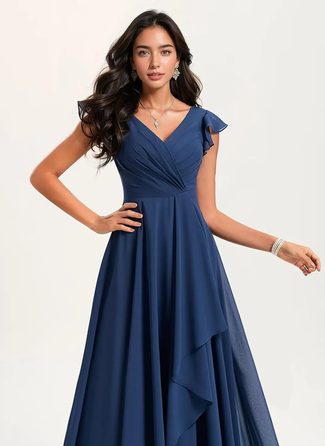 Flutter Sleeve Ruffle Bridesmaid Dresses for Women 2025 V Neck Long Formal Dress AD011