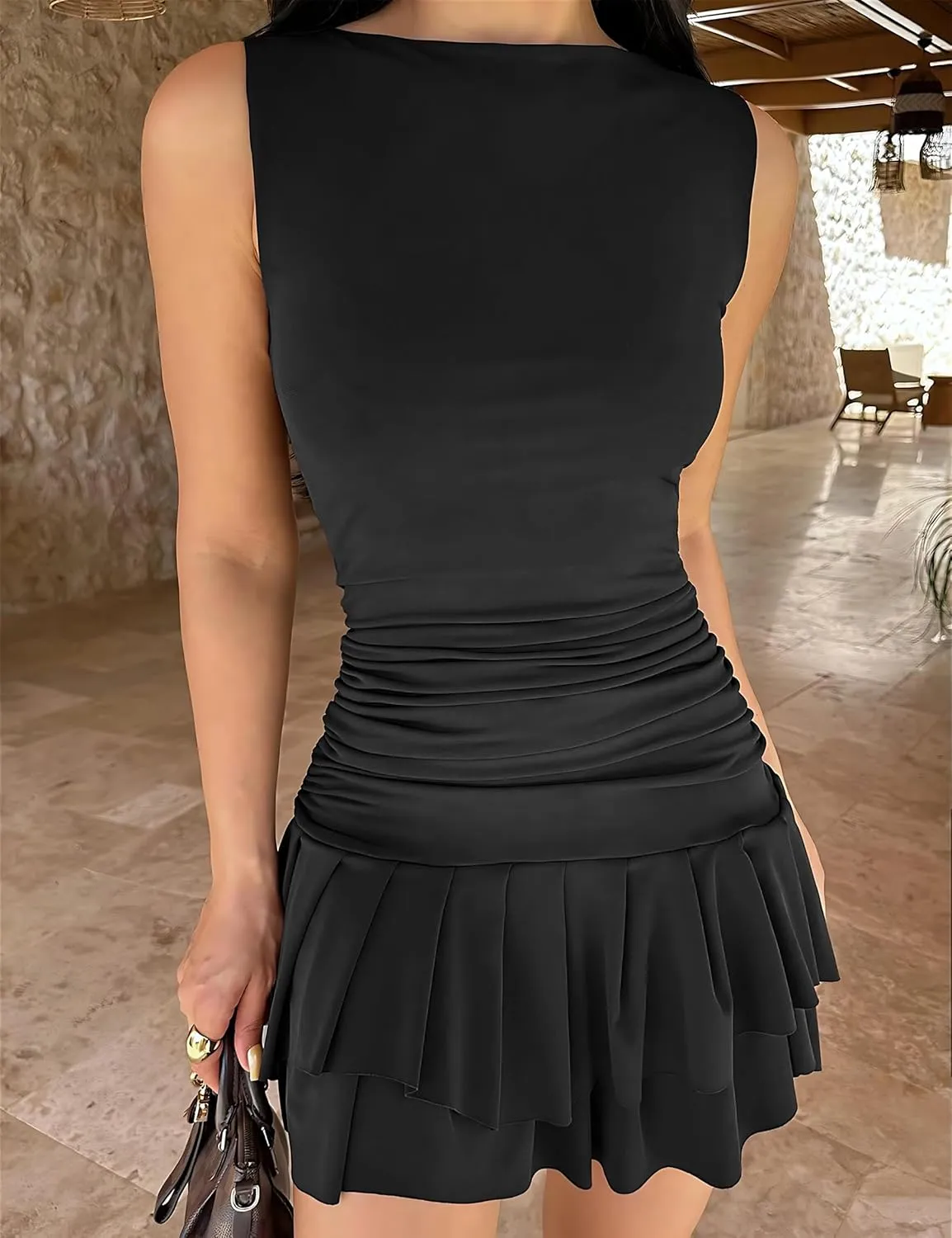 FOMELY Drop Waist Dress Women, Ruffle Hem Mini Dress Ruched Waist Sleeveless Corset Short Party Dresses