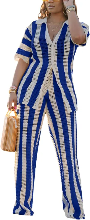 Fooullaide Women's Summer Knit Color Block Two Piece Outfits Button Down Short Sleeved Hollow Out Shirts Long Pants beach Set