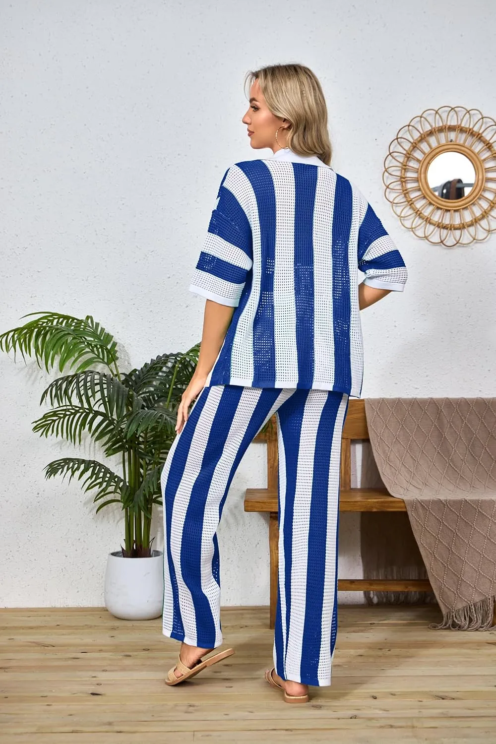 Fooullaide Women's Summer Knit Color Block Two Piece Outfits Button Down Short Sleeved Hollow Out Shirts Long Pants beach Set