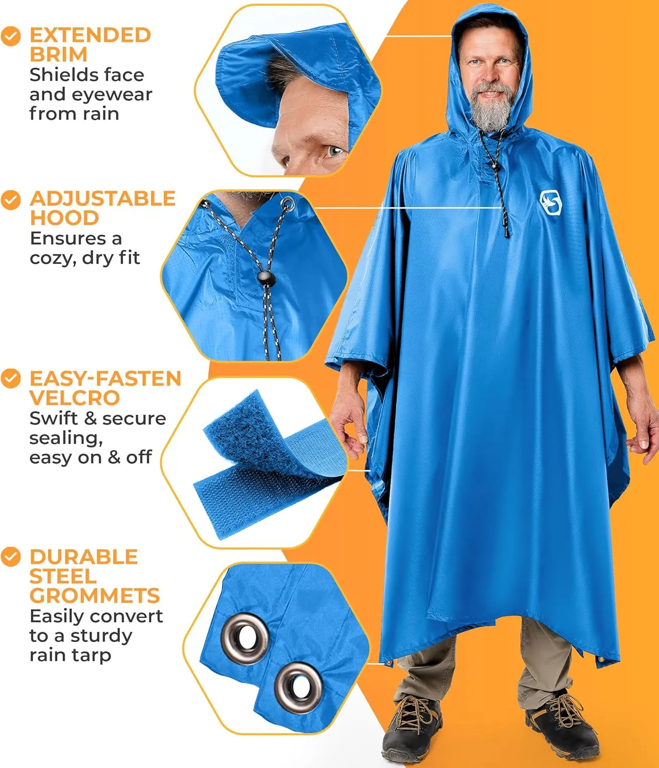 Foxelli Rain Poncho for Adults  Extra Long Reusable Waterproof Raincoat with Hood, Lightweight for Hiking, Camping, Outdoors