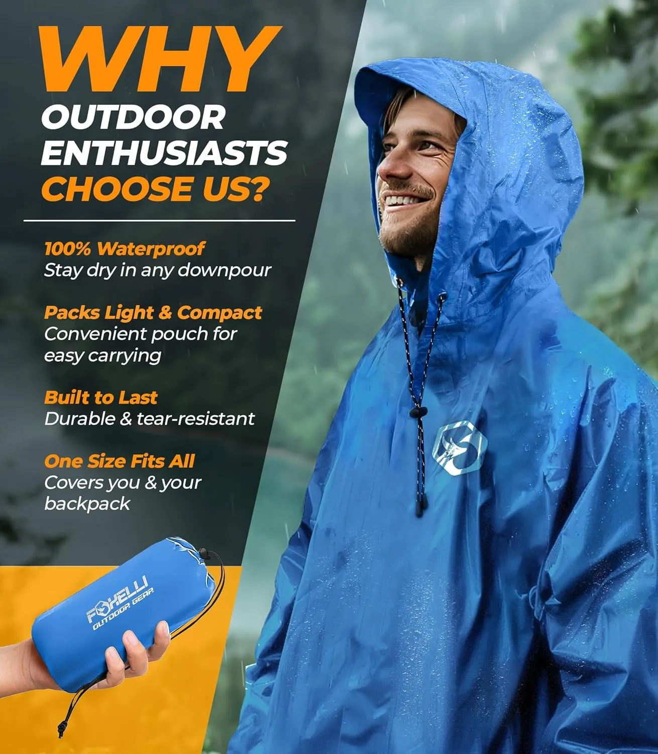 Foxelli Rain Poncho for Adults  Extra Long Reusable Waterproof Raincoat with Hood, Lightweight for Hiking, Camping, Outdoors