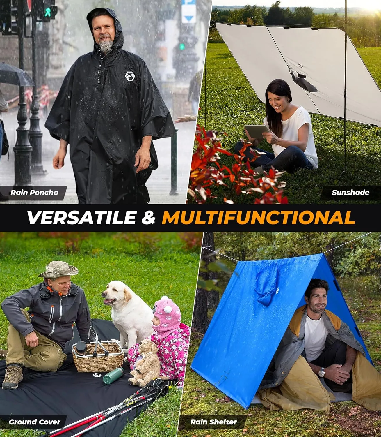 Foxelli Rain Poncho for Adults  Extra Long Reusable Waterproof Raincoat with Hood, Lightweight for Hiking, Camping, Outdoors