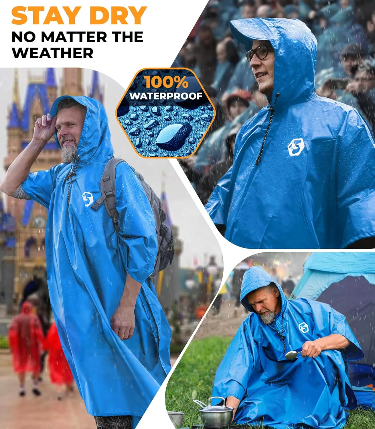 Foxelli Rain Poncho for Adults  Extra Long Reusable Waterproof Raincoat with Hood, Lightweight for Hiking, Camping, Outdoors