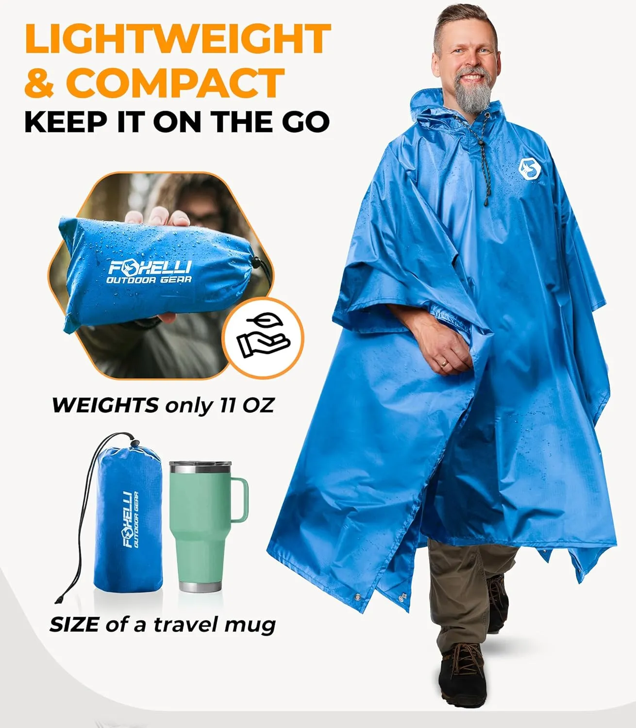 Foxelli Rain Poncho for Adults  Extra Long Reusable Waterproof Raincoat with Hood, Lightweight for Hiking, Camping, Outdoors
