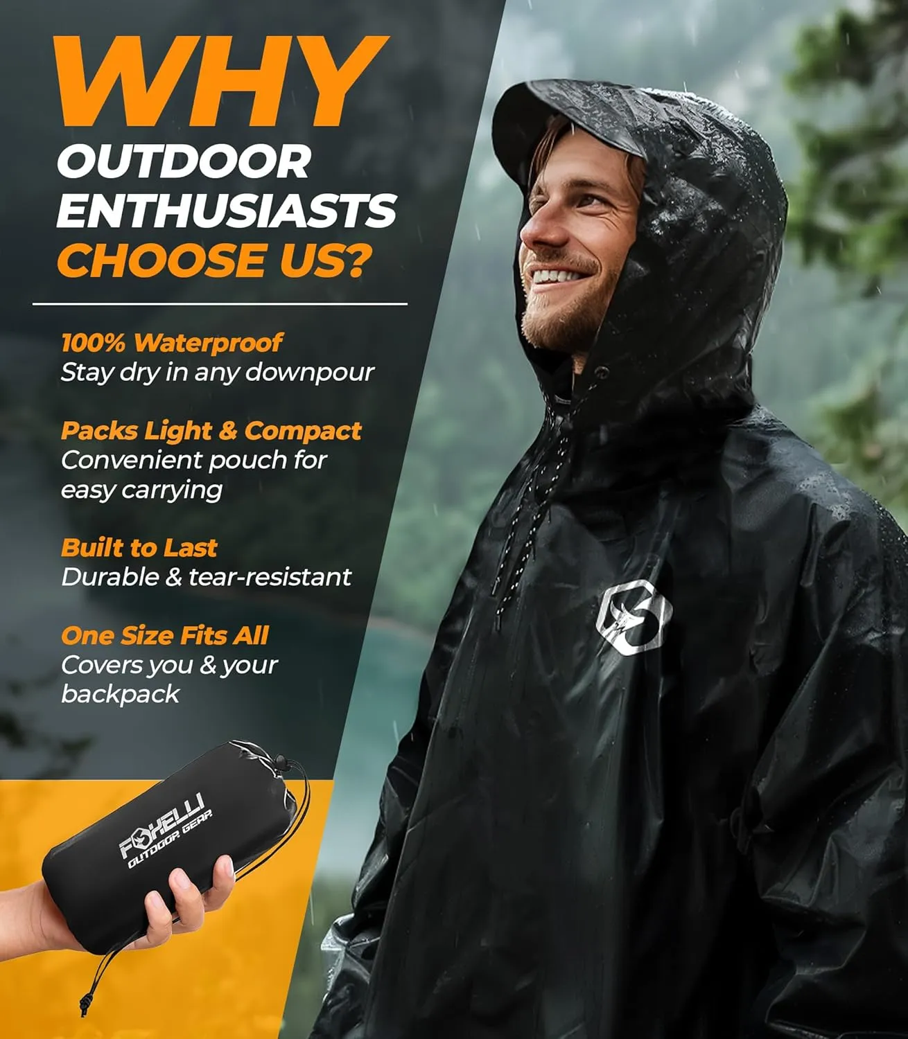 Foxelli Rain Poncho for Adults  Extra Long Reusable Waterproof Raincoat with Hood, Lightweight for Hiking, Camping, Outdoors