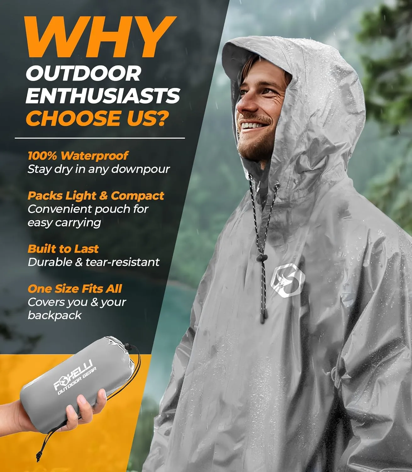 Foxelli Rain Poncho for Adults  Extra Long Reusable Waterproof Raincoat with Hood, Lightweight for Hiking, Camping, Outdoors
