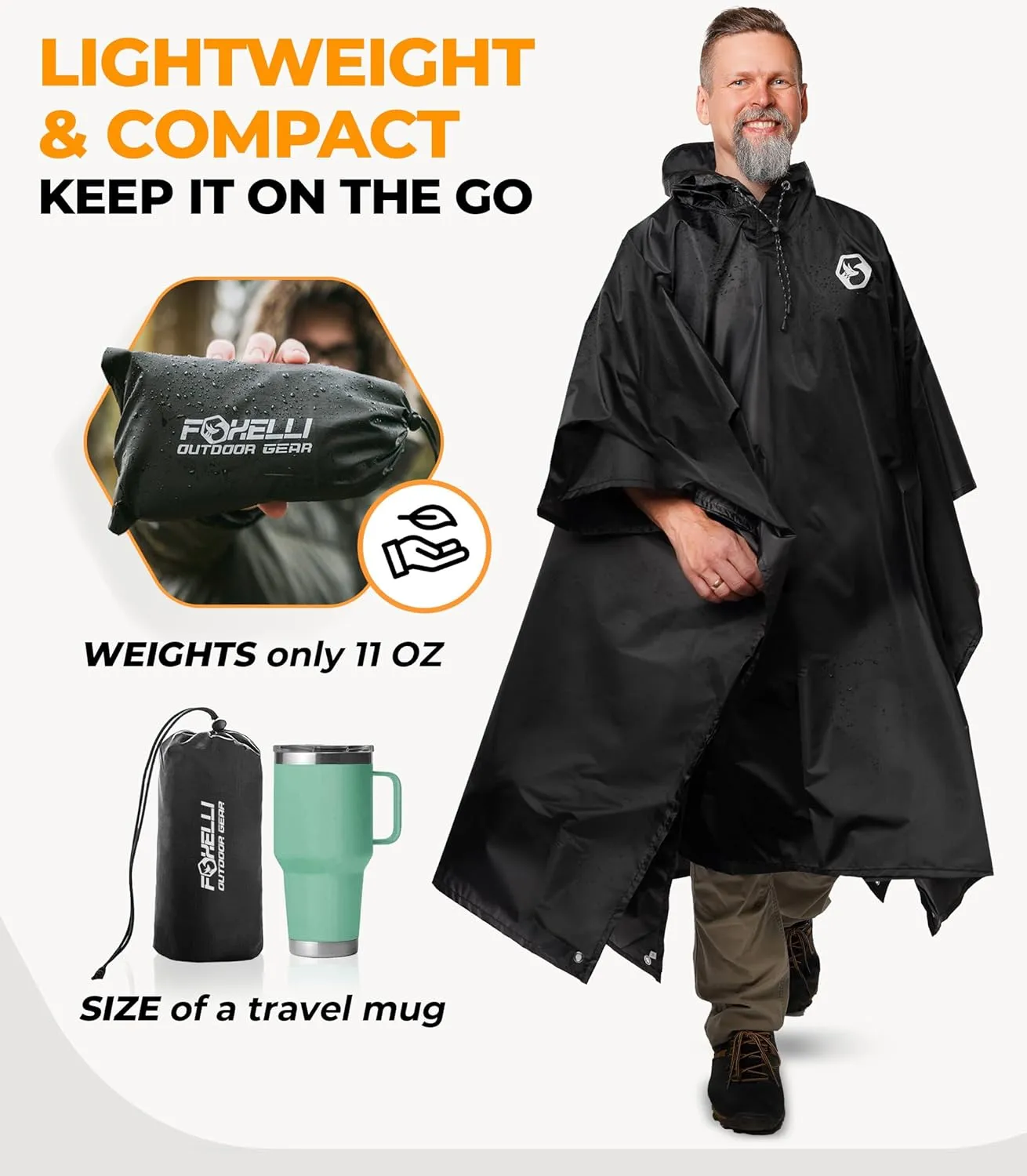 Foxelli Rain Poncho for Adults  Extra Long Reusable Waterproof Raincoat with Hood, Lightweight for Hiking, Camping, Outdoors