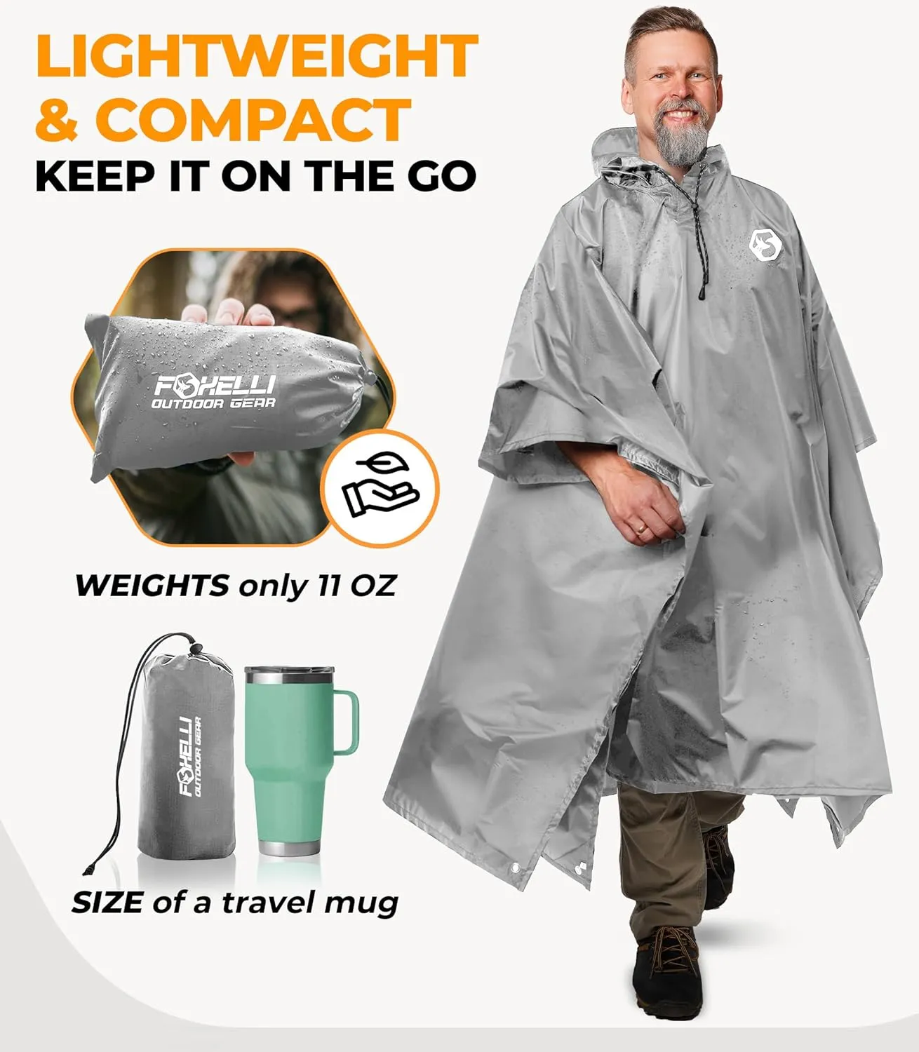 Foxelli Rain Poncho for Adults  Extra Long Reusable Waterproof Raincoat with Hood, Lightweight for Hiking, Camping, Outdoors