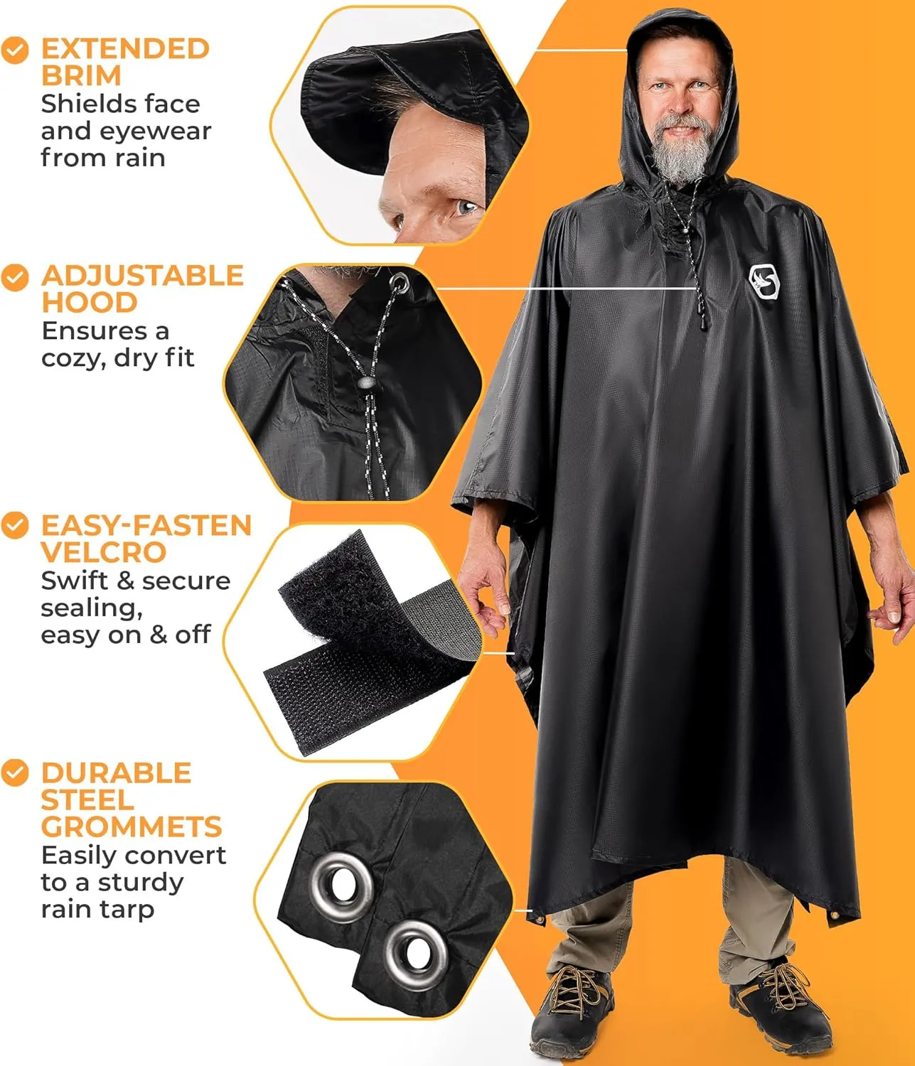 Foxelli Rain Poncho for Adults  Extra Long Reusable Waterproof Raincoat with Hood, Lightweight for Hiking, Camping, Outdoors