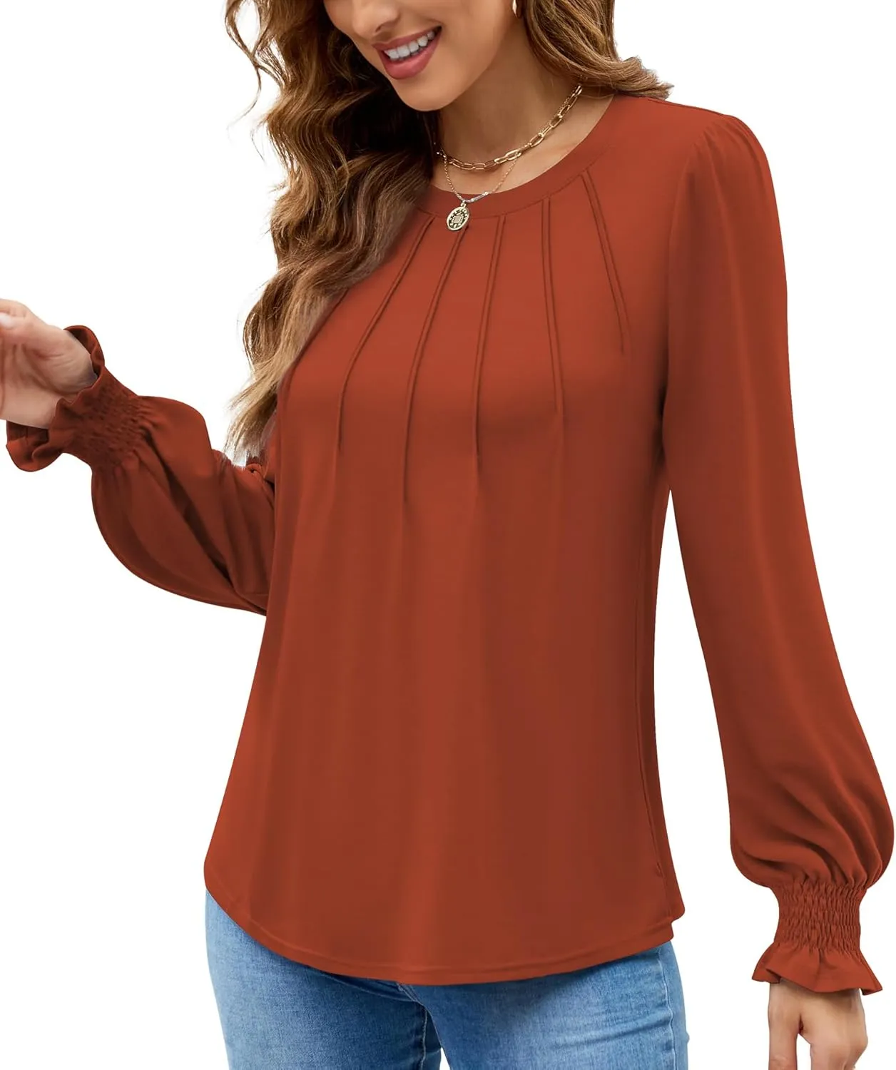 Funlingo Womens Long Sleeve Tops Fashion Fall Shirts Scoop Neck Pleated Ruffle Loose Tunic Tops Business Work Blouse