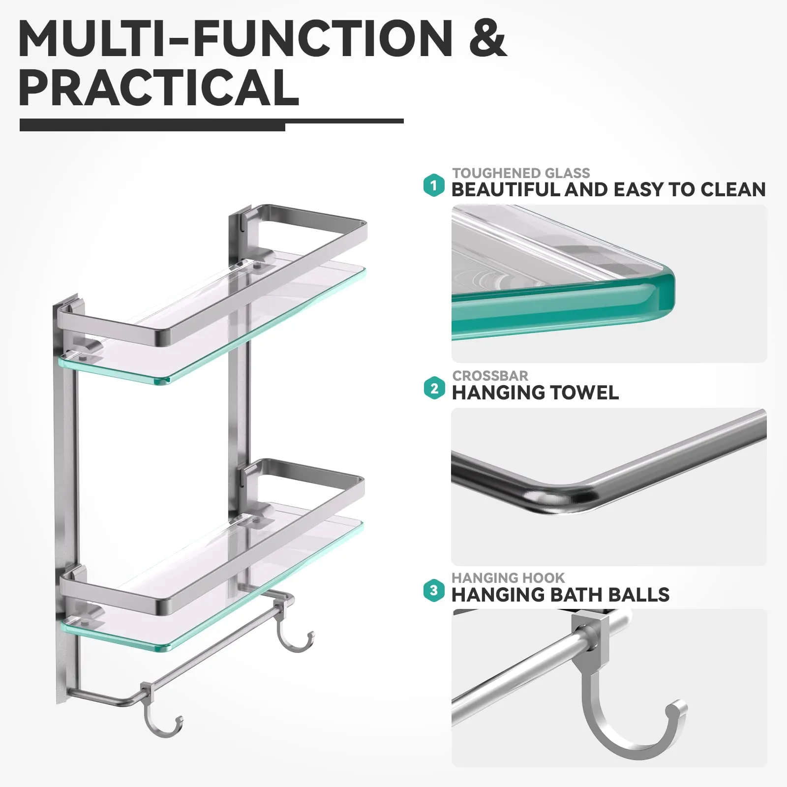 Geekdigg Bathroom Glass Shelf With Towel Bar, 2 Tier Wall Mounted Tempered Glass Shower