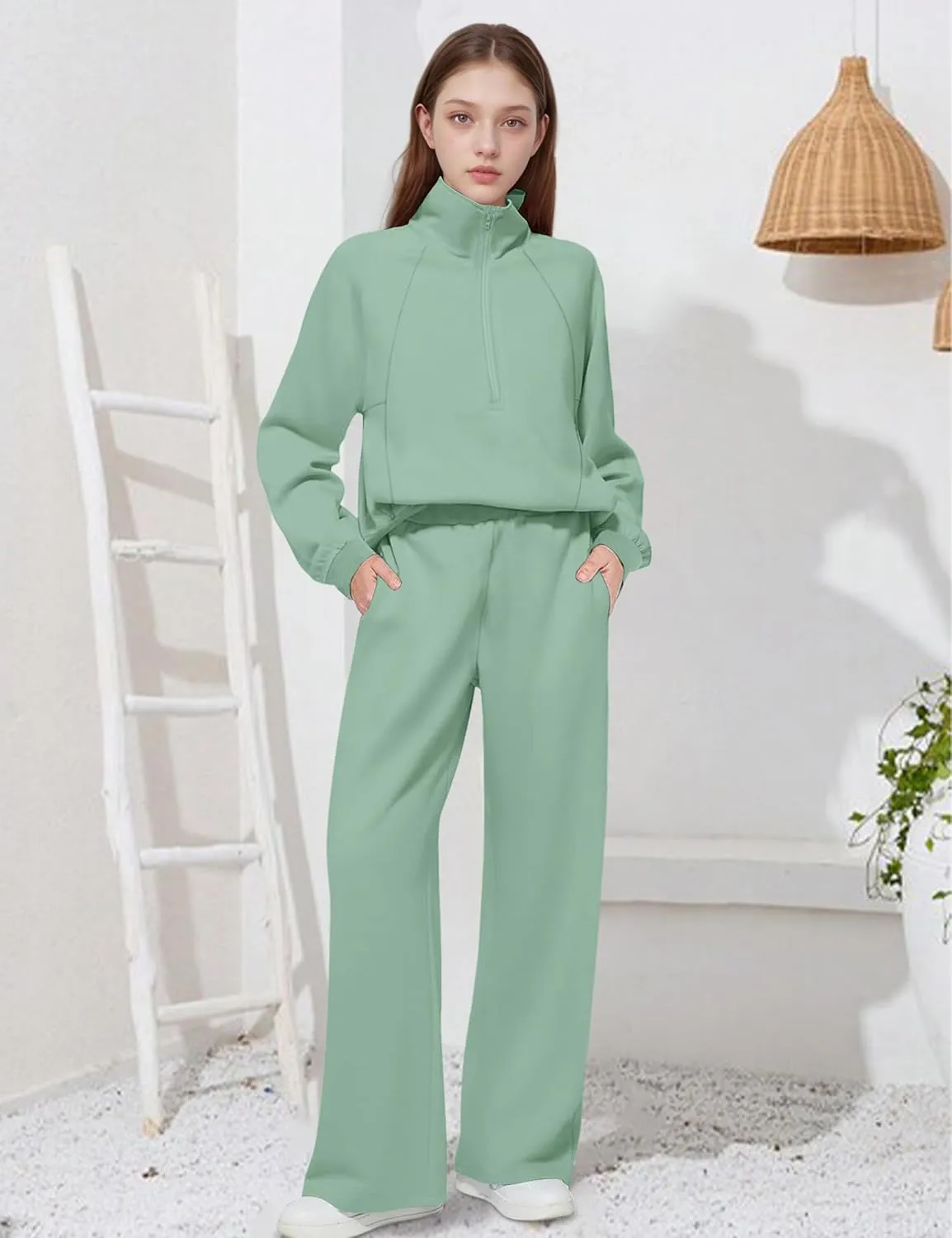 Girls Clothes 7-14Y Solid Color Half Zip Pullover Sweatshirt Fleece Lined Kids Sweatpants