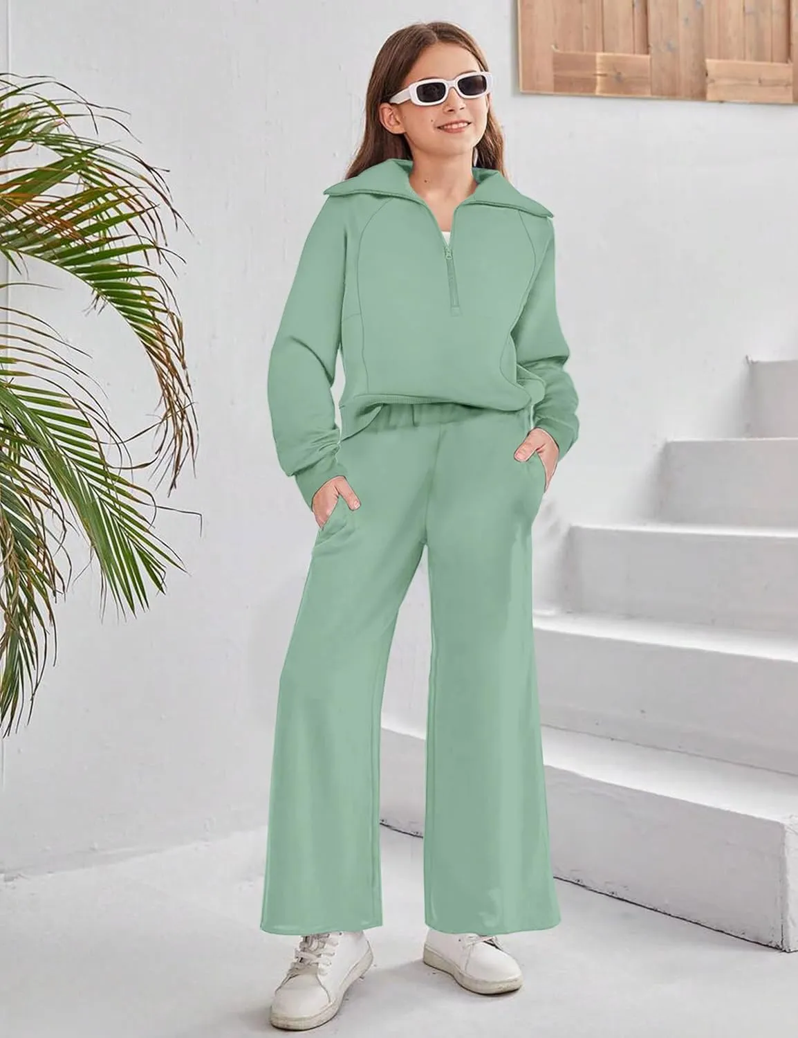 Girls Clothes 7-14Y Solid Color Half Zip Pullover Sweatshirt Fleece Lined Kids Sweatpants