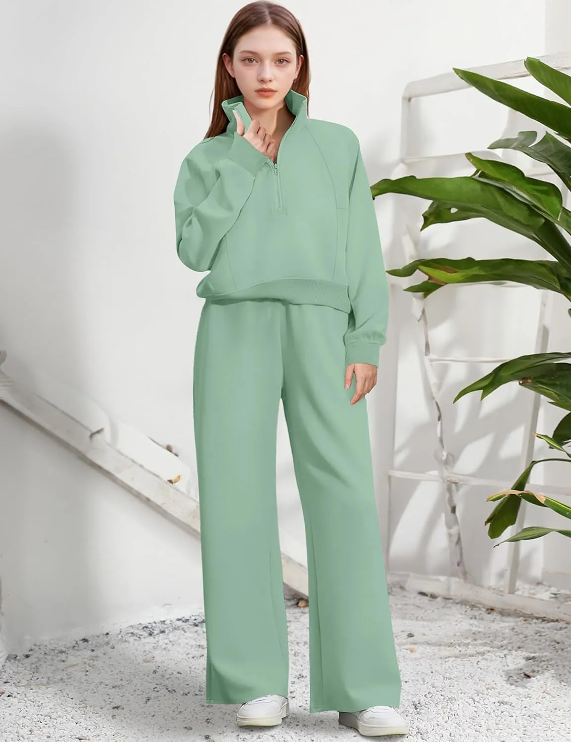 Girls Clothes 7-14Y Solid Color Half Zip Pullover Sweatshirt Fleece Lined Kids Sweatpants