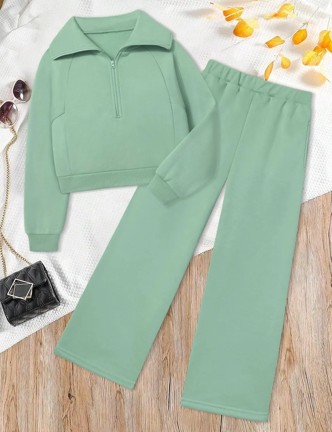 Girls Clothes 7-14Y Solid Color Half Zip Pullover Sweatshirt Fleece Lined Kids Sweatpants