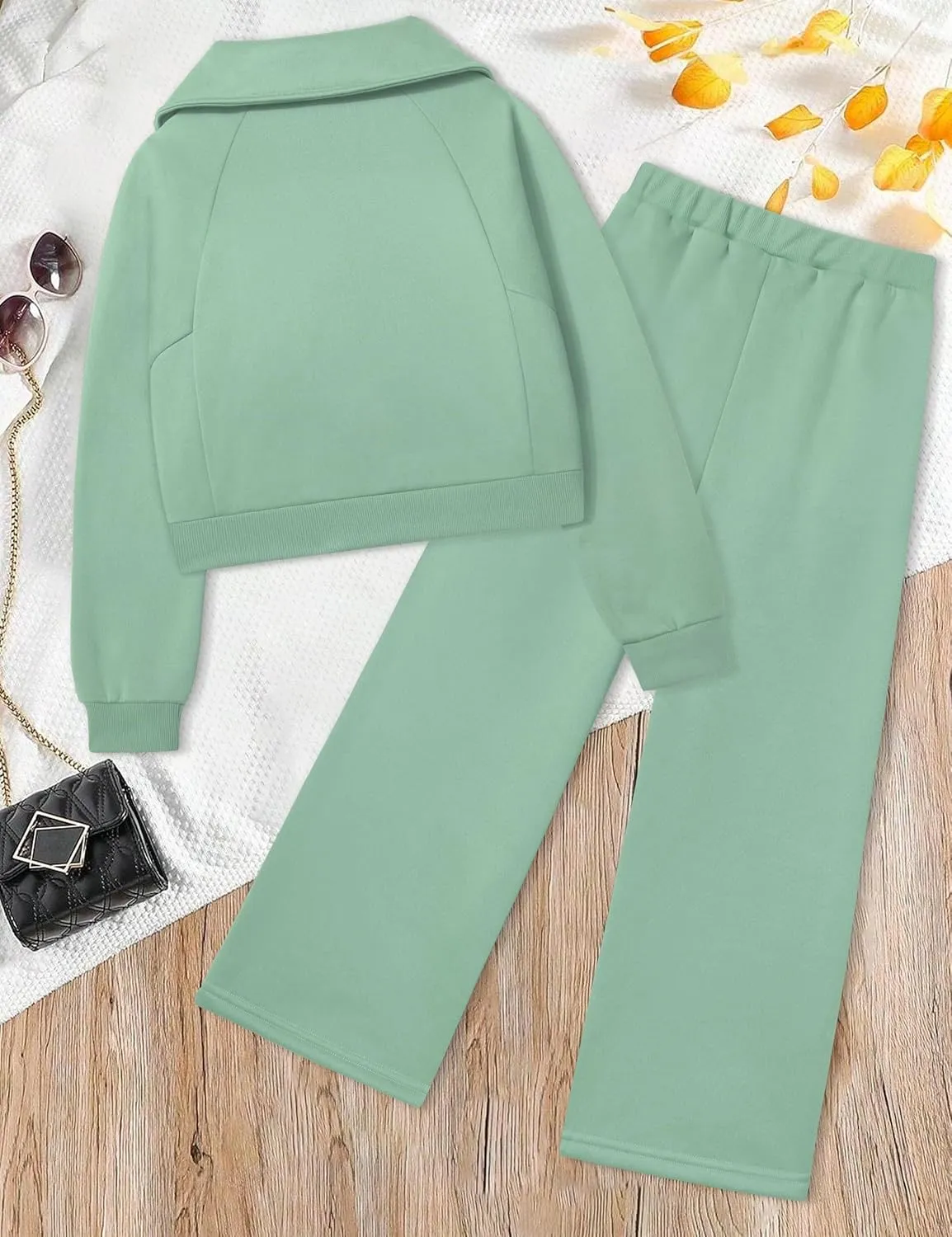 Girls Clothes 7-14Y Solid Color Half Zip Pullover Sweatshirt Fleece Lined Kids Sweatpants