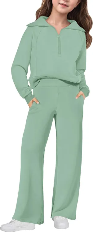 Girls Clothes 7-14Y Solid Color Half Zip Pullover Sweatshirt Fleece Lined Kids Sweatpants