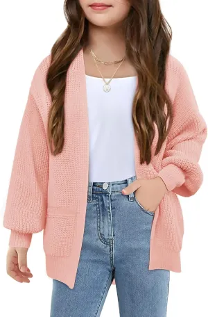 Girls Long Sleeve Cardigan Casual Open Front Lantern Sleeve Smoke Cuff Knit Sweater with Pockets for Kids 5-14 Years