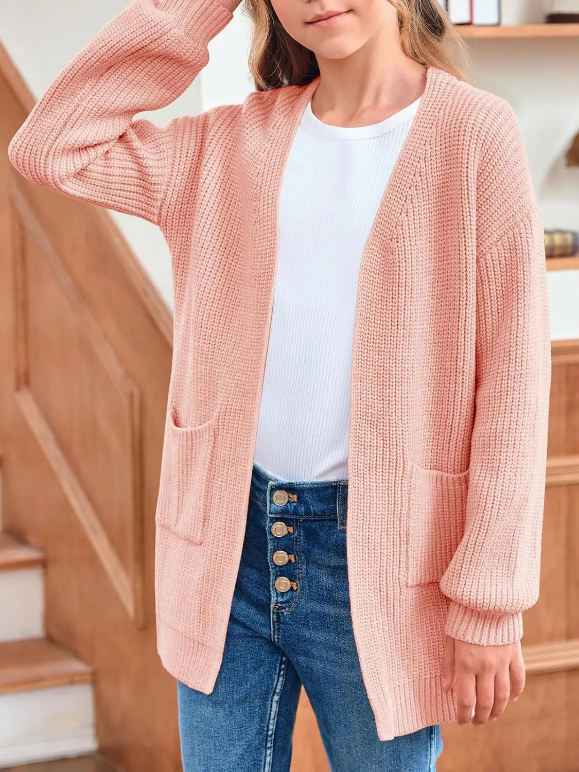 Girls Long Sleeve Cardigan Casual Open Front Lantern Sleeve Smoke Cuff Knit Sweater with Pockets for Kids 5-14 Years