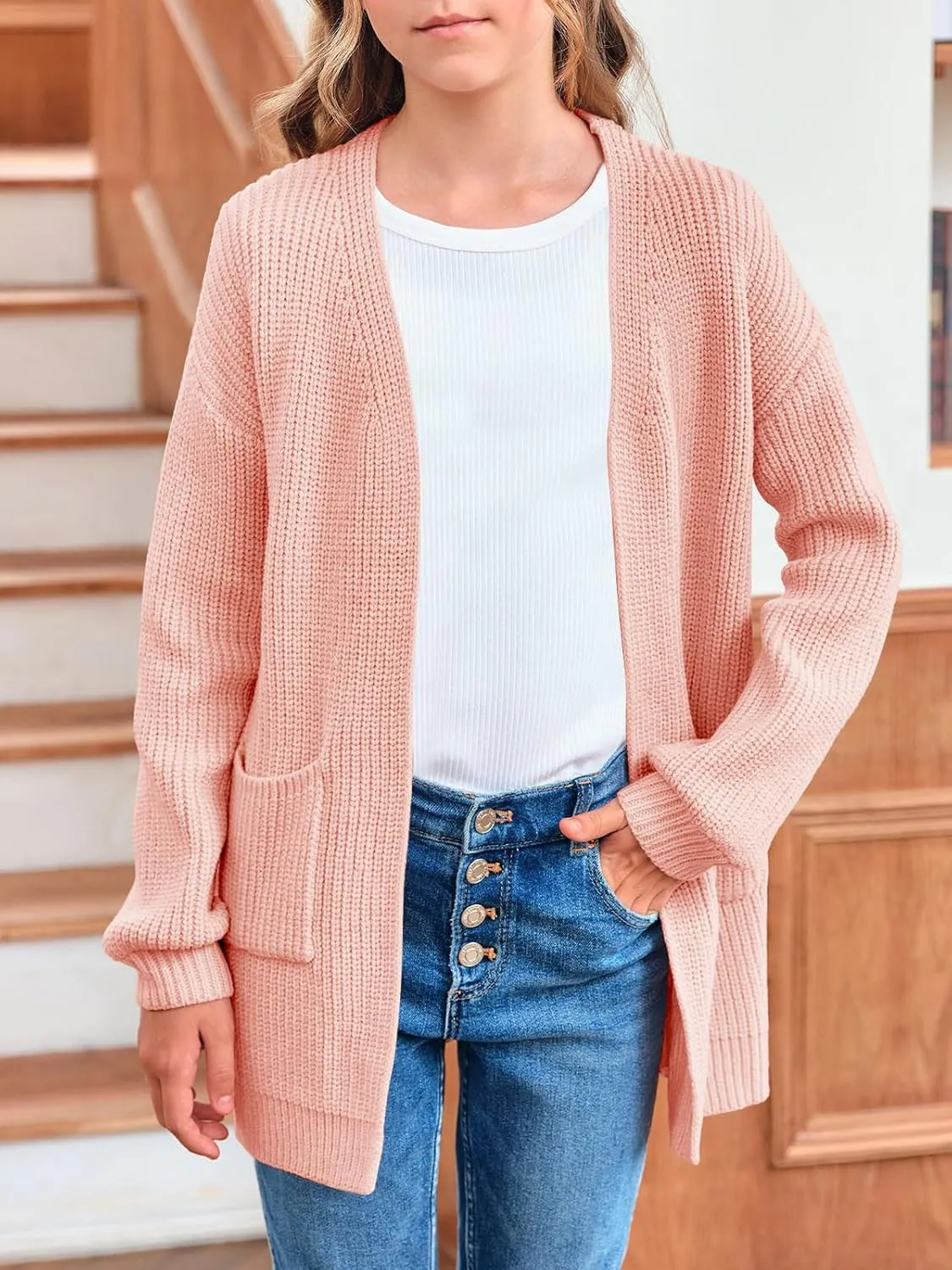 Girls Long Sleeve Cardigan Casual Open Front Lantern Sleeve Smoke Cuff Knit Sweater with Pockets for Kids 5-14 Years