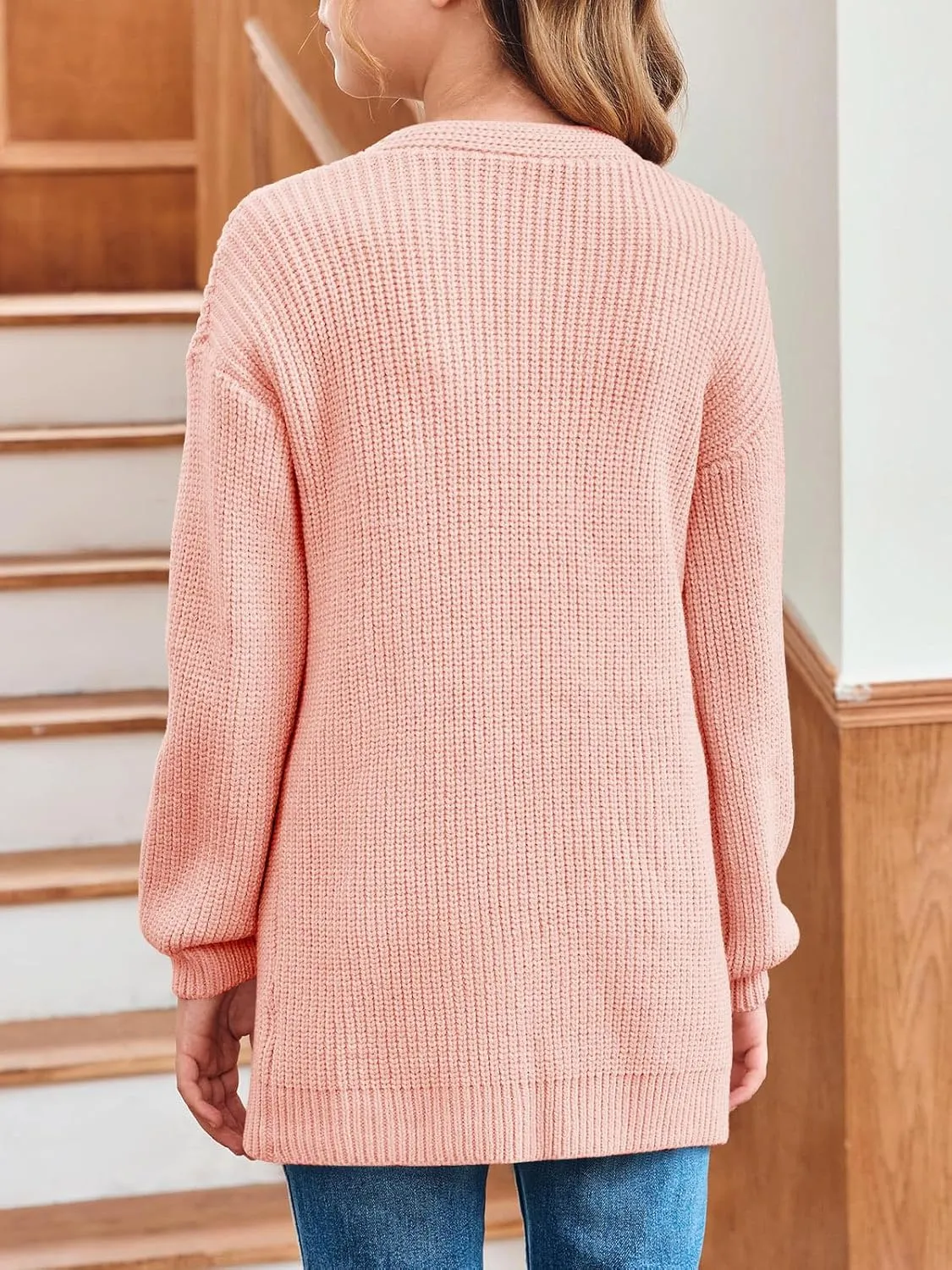Girls Long Sleeve Cardigan Casual Open Front Lantern Sleeve Smoke Cuff Knit Sweater with Pockets for Kids 5-14 Years