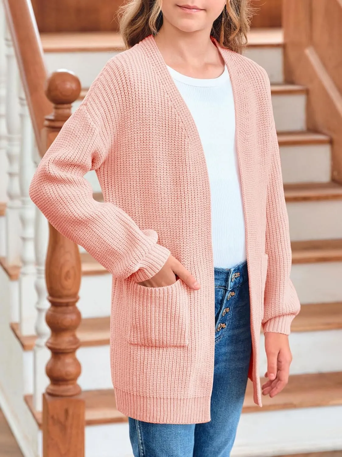 Girls Long Sleeve Cardigan Casual Open Front Lantern Sleeve Smoke Cuff Knit Sweater with Pockets for Kids 5-14 Years