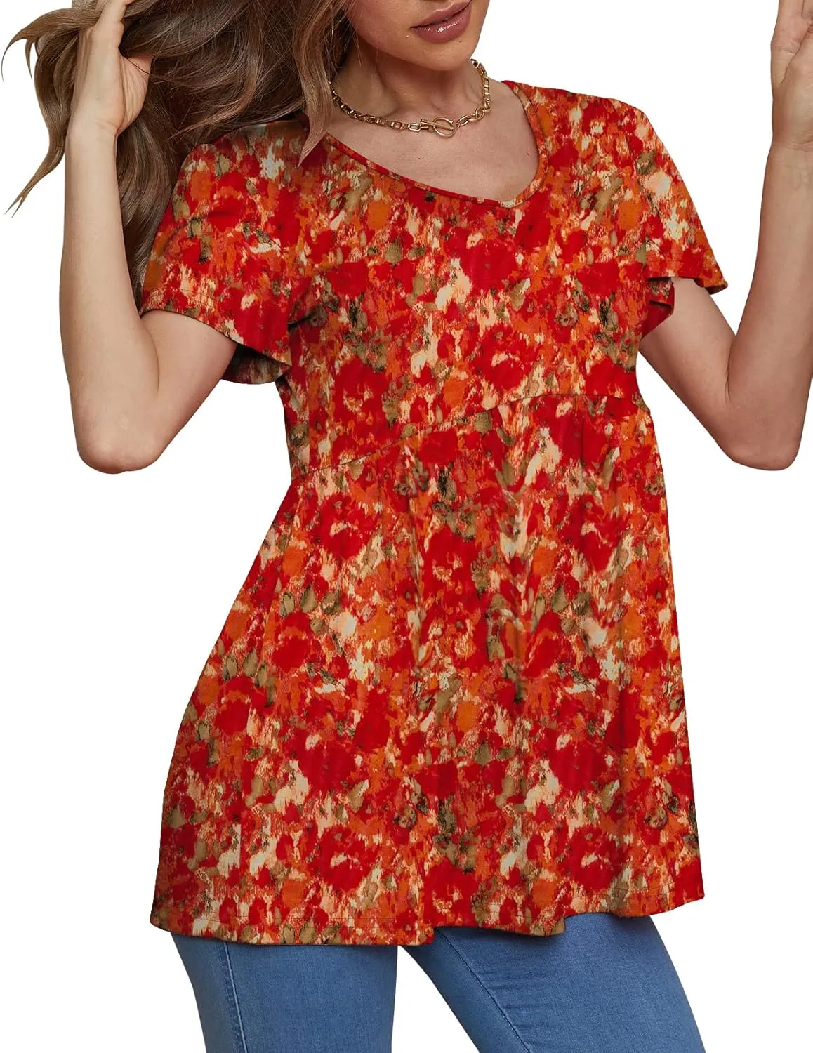 Glanzition Women Ruffle Short Sleeve V Neck Oversized Shirt Tunic Babydoll Tops